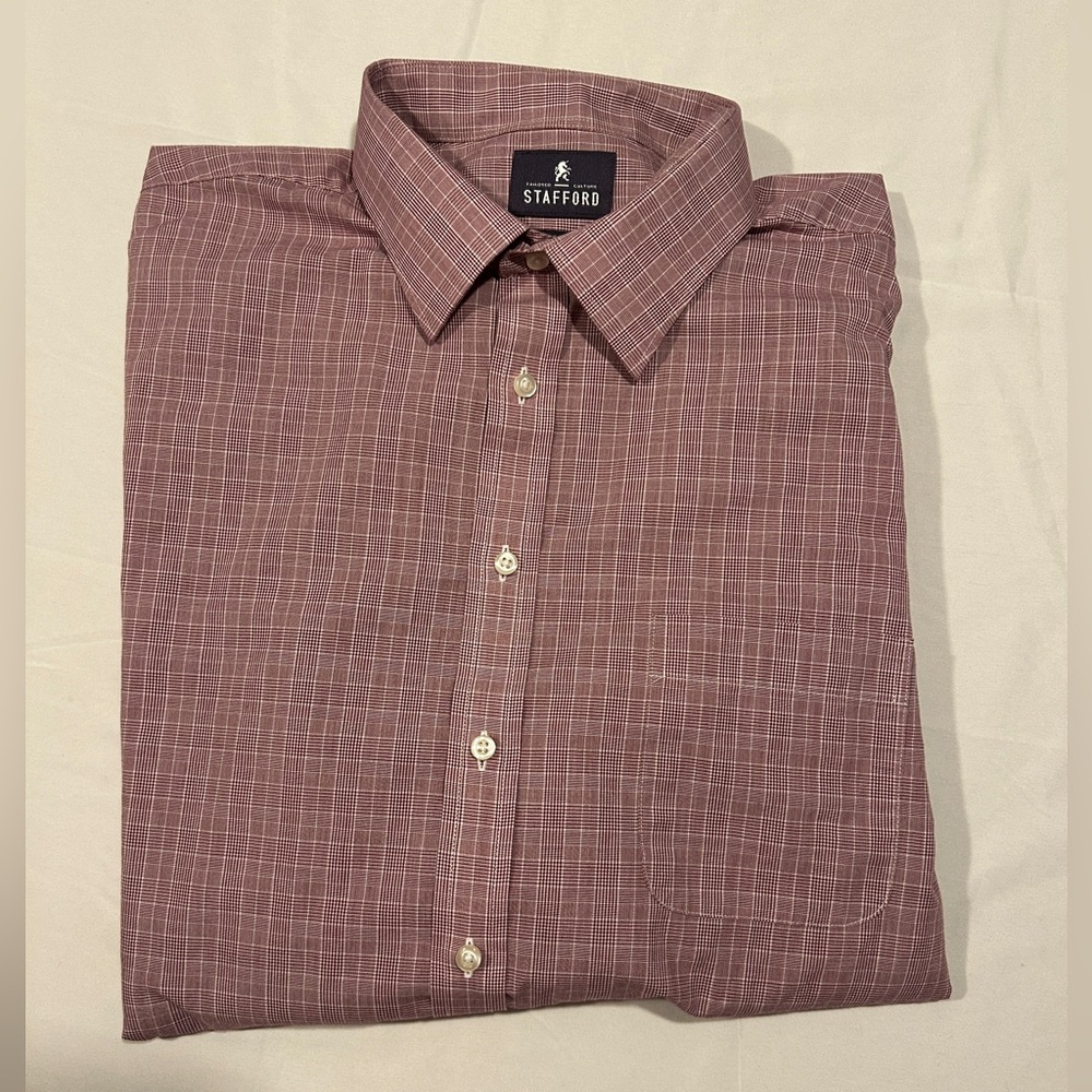 Stafford Men's Maroon Plaid Button Down Shirt